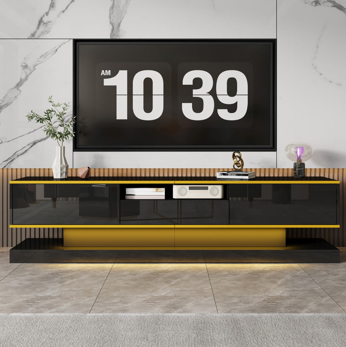 TV-ELEMENT mit 3 Schubladen 180 x 38 x 45 cm Schwarz Hochglanz mit LED - Schwarz, Holzwerkstoff (38/45/180cm) - Beauniv