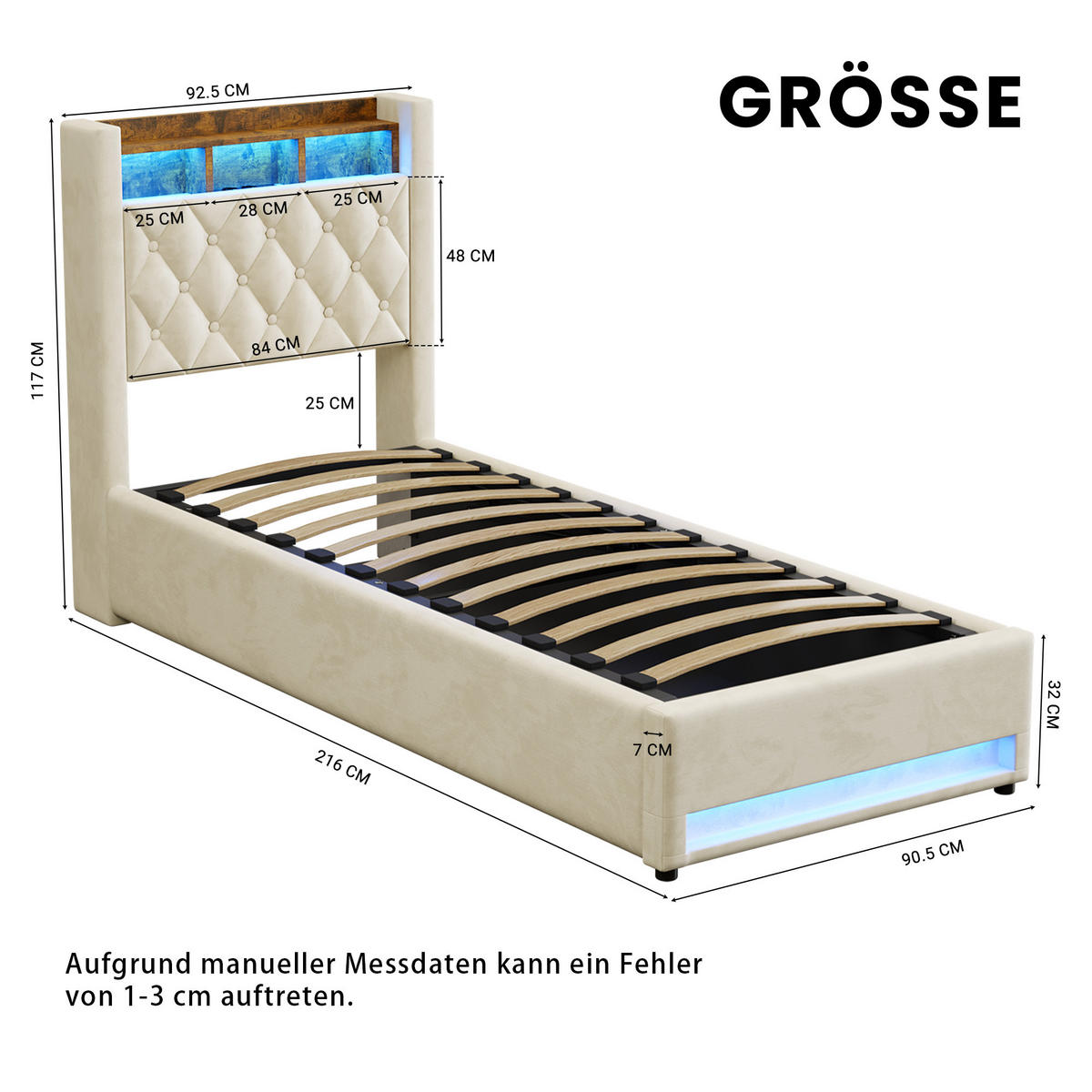POLSTERBETT 90/200 cm Beige mit LED-Lichtleiste und USB-Anschlüssen - Beige, Holzwerkstoff (90/200cm) - OKWISH