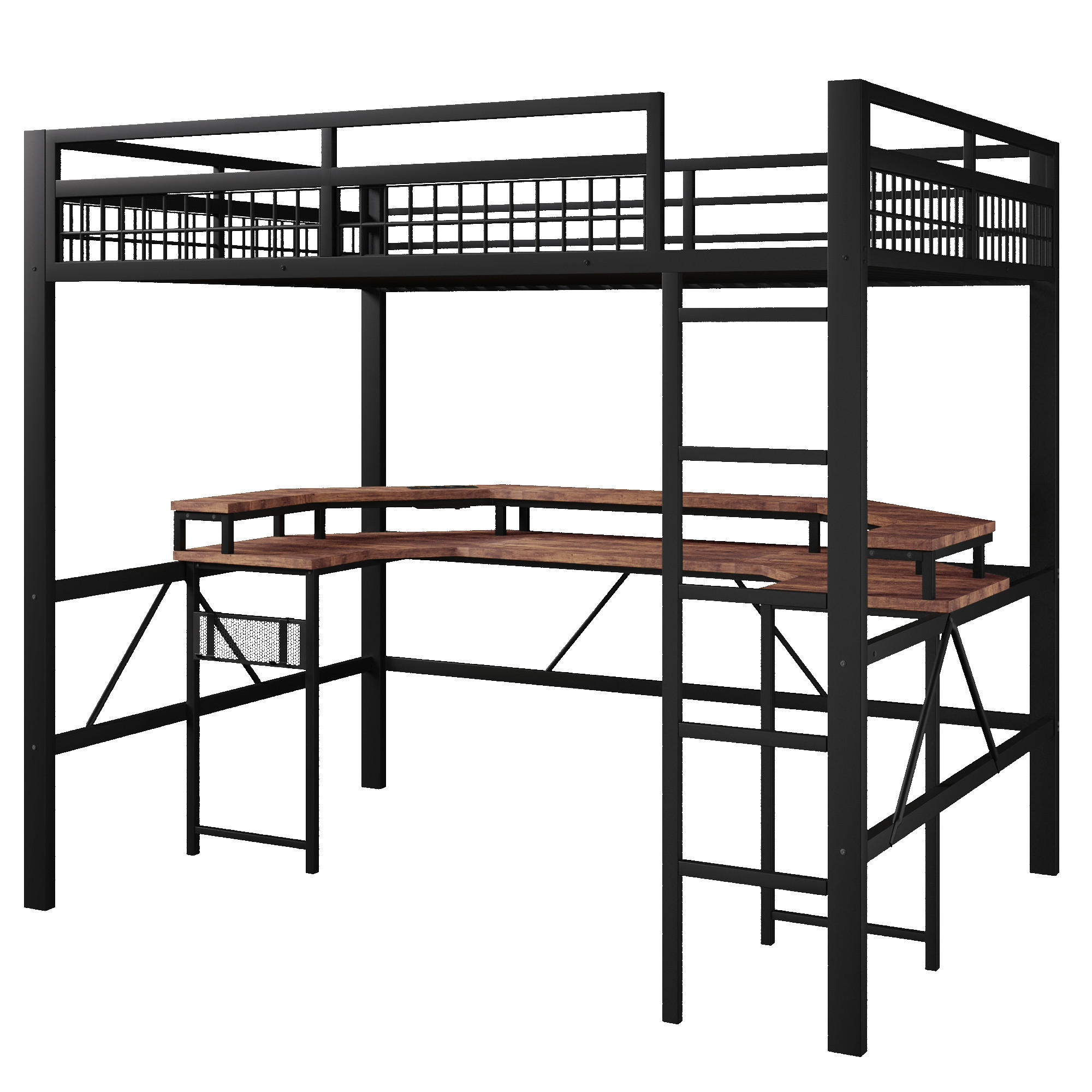 STILVORA HOCHBETT 140/200 cm in Schwarz mit Schreibtisch, LED, USB, Type-C, Steckdosen und Lochwand