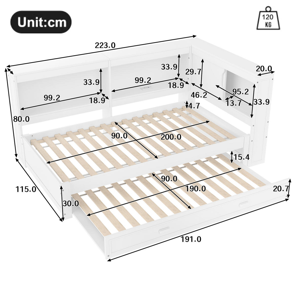 KINDERBETT 90/200 cm Weiß aus Kiefern mit Ausziehbett, LED-Beleuchtung, USB, Typ-C und Steckdose - Weiß, Holz (90/200cm) - OKMYHOME