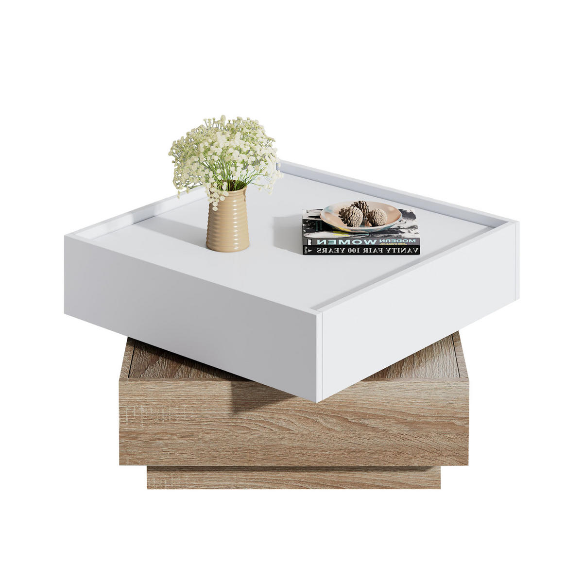 COUCHTISCH, 360° drehbar, Weiß/Walnuss mit Furnier, 2 Schubladen, 60/60/38 cm,Weiß - Weiß, Holzwerkstoff (60/60/38cm) - Redom