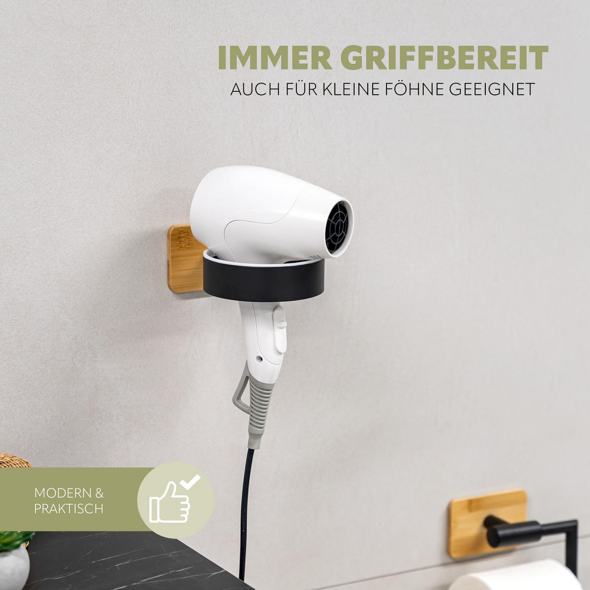 FÖHNHALTER PIAZZA BLACK TAPE BAMBUS, Edelstahl, Bambus, schwarz - Schwarz, Metall (10/6/14cm) - bremermann