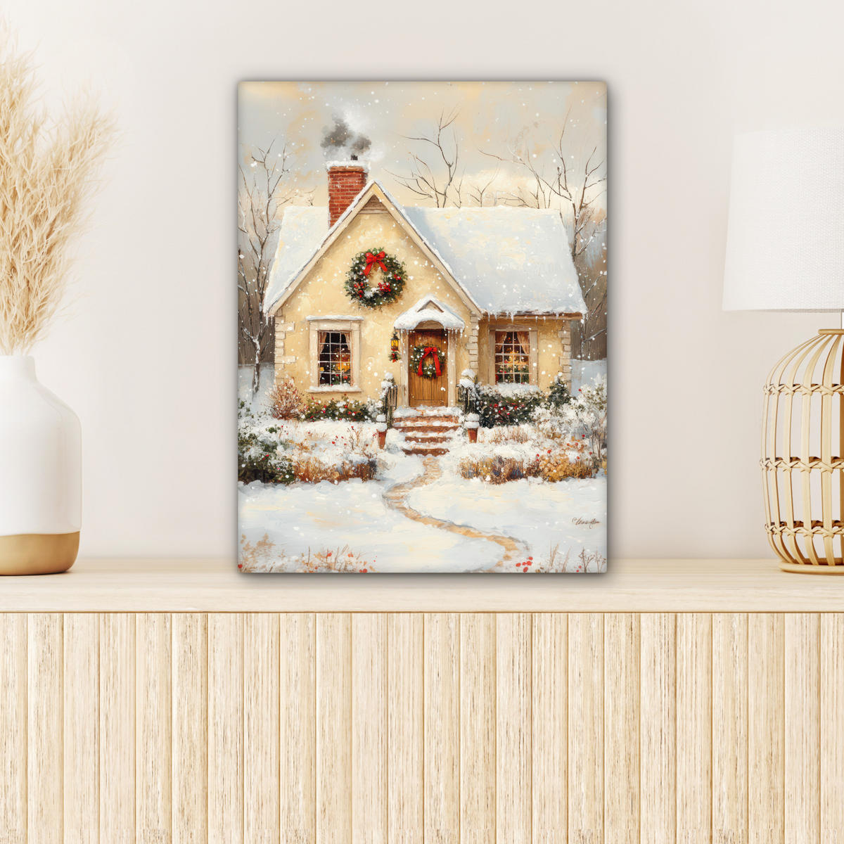 LEINWANDBILD Weihnachten - Zuhause - Winter - Schnee 30x40 cm - Creme, Textil (30/40cm) - MuchoWow