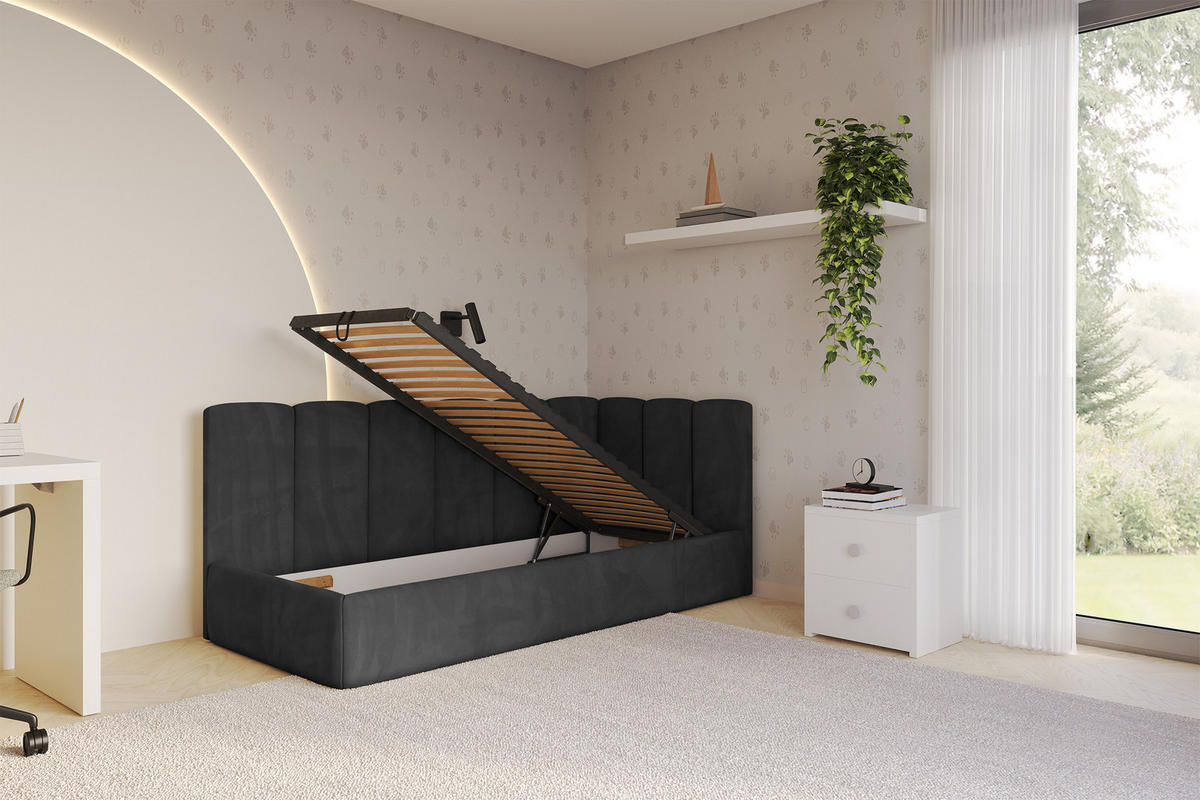 EINZELLBETT Jugendbett mit Bettkasten, Links - DEXY 90x200 Schwarz - Schwarz, Holzwerkstoff/Textil (90/200cm) - ALTDECOR