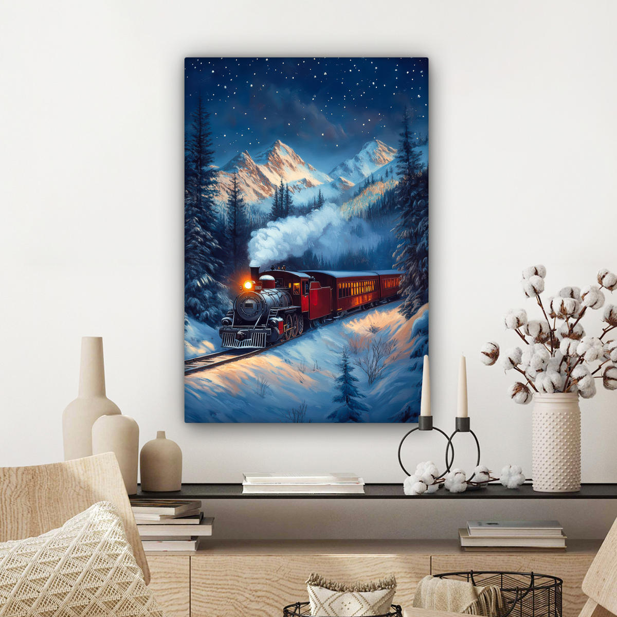 LEINWANDBILD Zug - Weihnachten - Schnee - Weihnachtszug Wanddeko Schlafzimmer 60x90 cm - Anthrazit, Textil (60/90cm) - MuchoWow