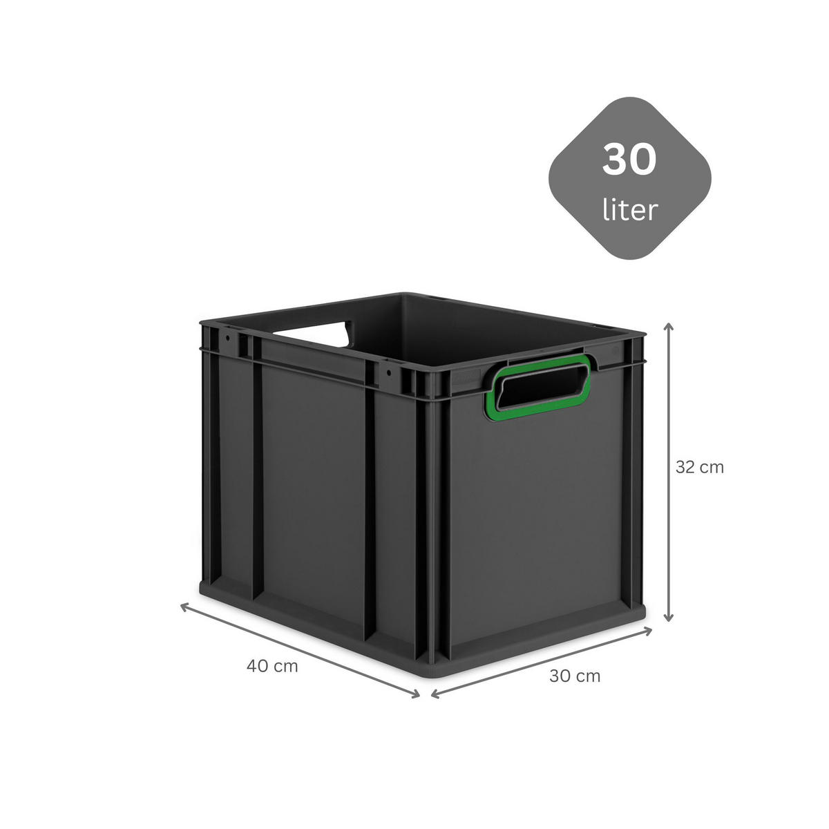 EUROBOX 4x NextGen Color mit Auflagedeckel 32x30x40 cm 30 Liter Schwarz Griffe grün offen - Schwarz/Grün, Kunststoff (30/32/40cm) - PROREGAL