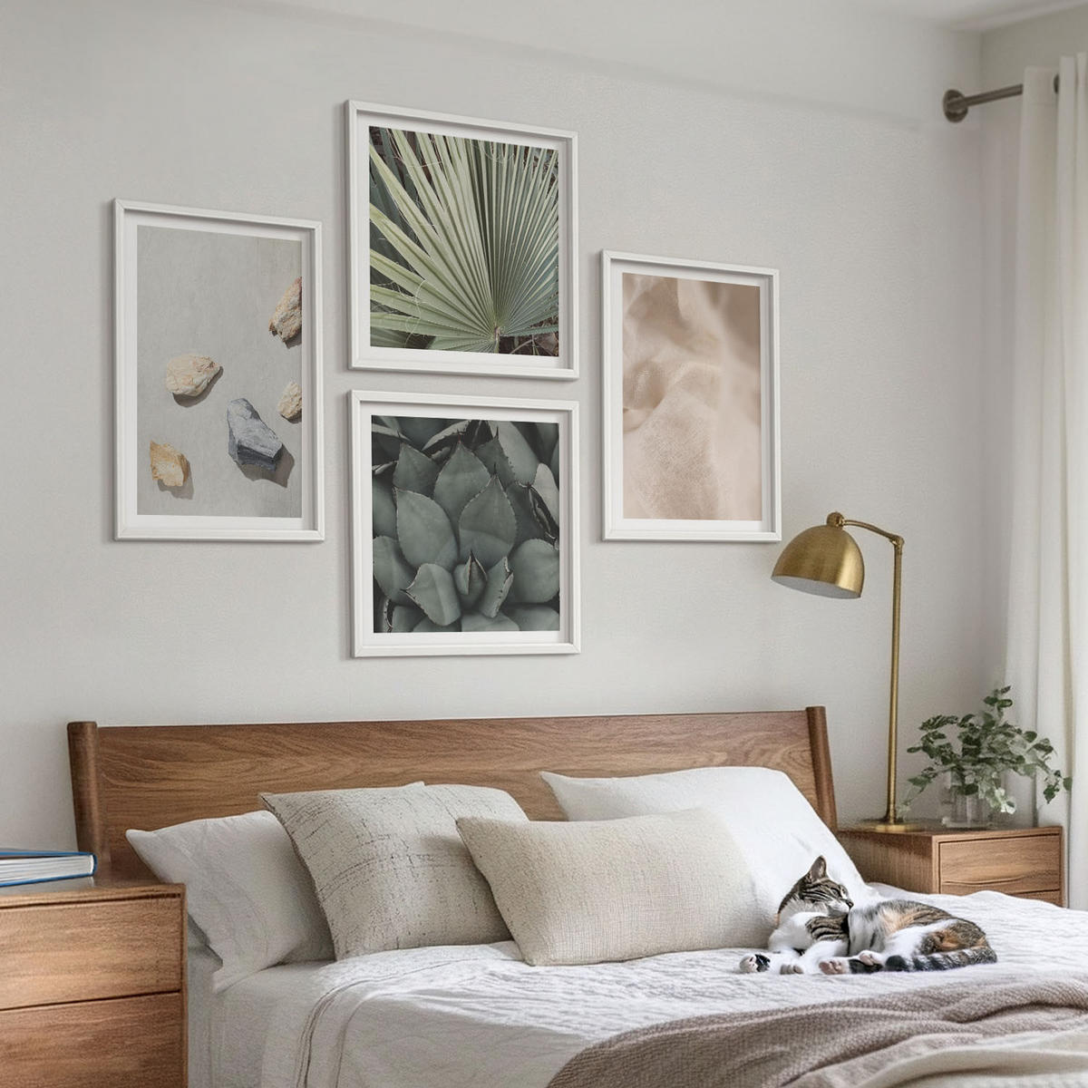 WANDBILDER 4er-Set - 50x50 cm & 40x60 cm Weißer Rahmen - Steine, Holz, Stofftexturen - Weiß, Kunststoff (50/50cm) - ArtPrintCave