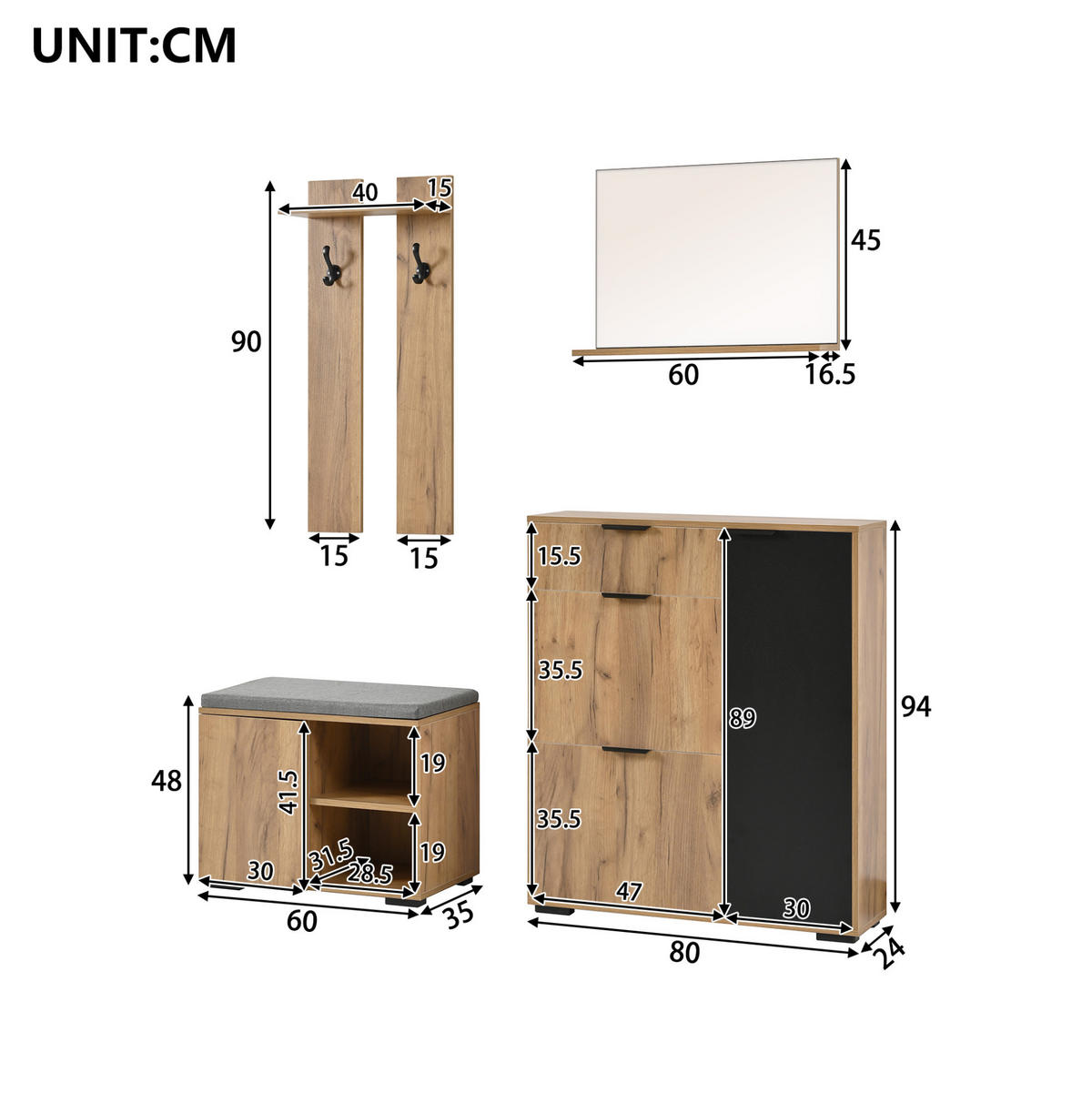 SCHUHSCHRANK aus Spanplatte 140x35x139cm in Natur mit Sitzbank & Spiegel - Naturfarben, Holzwerkstoff (140/139/35cm) - Modfu