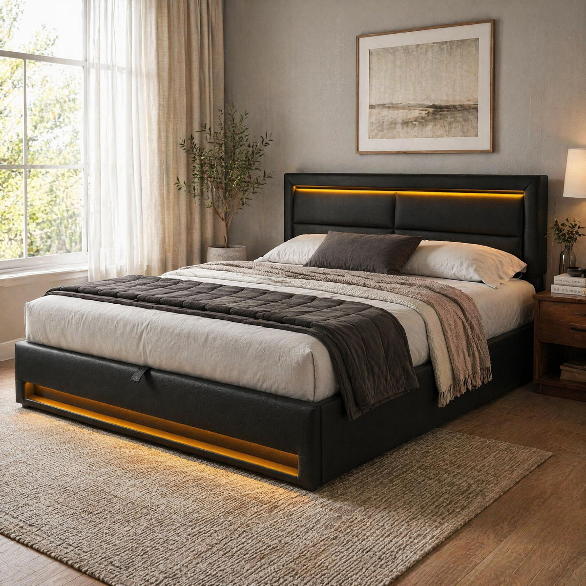 POLSTERBETT 140/200 mit Stauraum, LED und USB-Anschlüssen in Schwarz - Schwarz, Holzwerkstoff/Textil (140/200cm) - EVRYAE