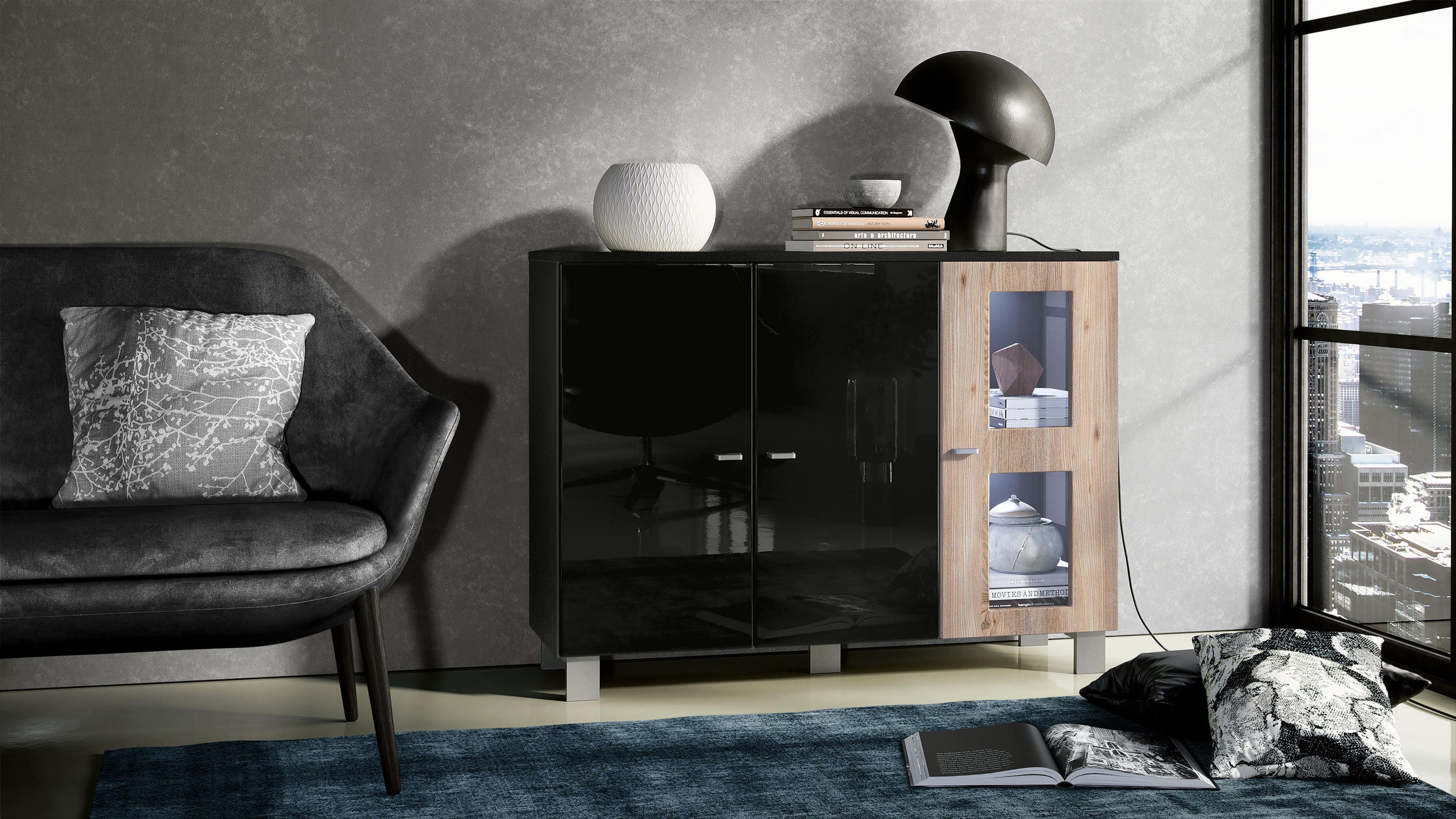 SIDEBOARD Denjo Tür in Eiche Nordic - Silbereichenfarben, Holzwerkstoff (107/81/35cm) - Vladon