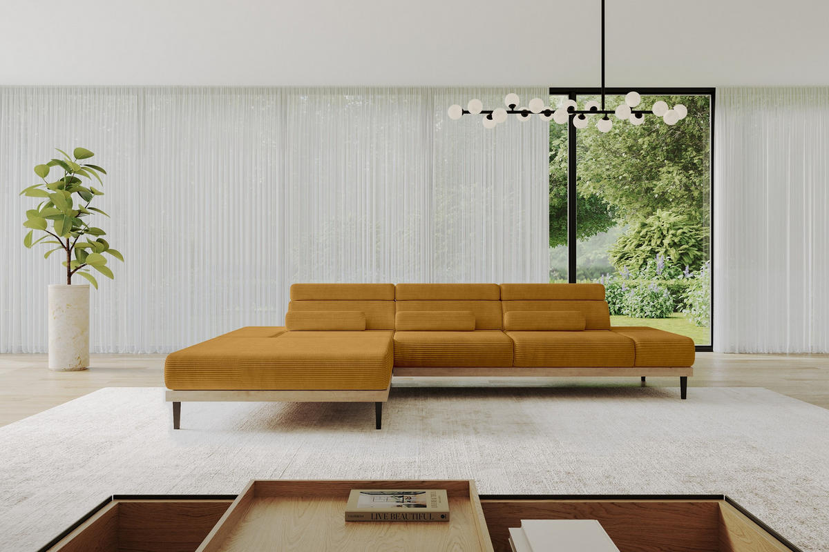 ELEKTRISCHES ECKSOFA Links MONA 316x205x85 Senfgelb Cord - Dunkelgelb, Holzwerkstoff/Textil (316/205cm) - ALTDECOR
