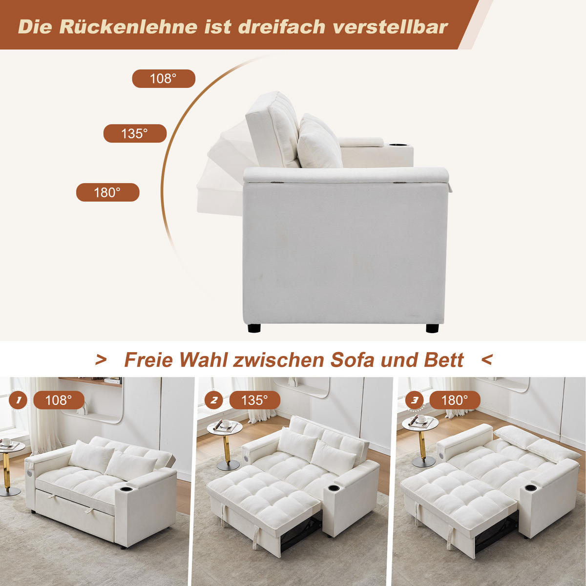 SCHLAFSOFA, Stoff mit USB-Anschluss & verstecktem Tisch, 140,5/74/82 cm, Beige - Beige, Textil (140.5/82/74cm) - Redom