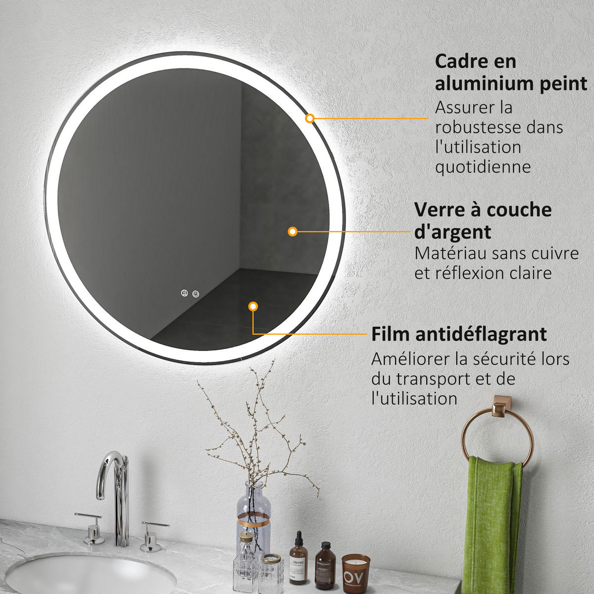 BADEZIMMERSPIEGEL DE-15129 mit 3 LED-Farben und dimmbar Weiß/Silber - Silberfarben, Metall (80/3.3/80cm) - ComfortXL