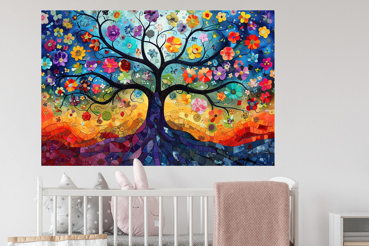 WANDTATTOO Kunst - Baum des Lebens - Blumen - Hippie 120x80 cm - Dunkelblau, Kunststoff (120/80/0.1cm) - MuchoWow