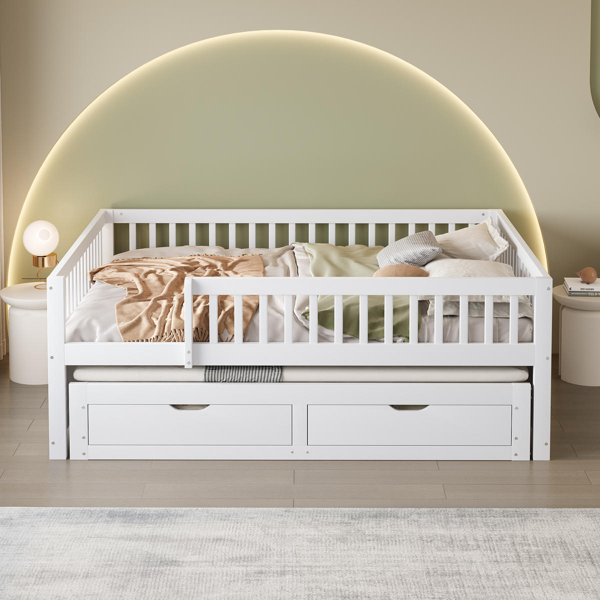 KINDERBETT aus Massivholz 140x200 cm in Weiß mit Ausziehbett & 2 Schubladen - Weiß, Holz (90/200cm) - Modfu