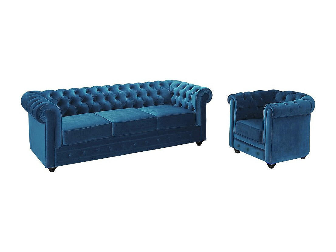 COUCHGARNITUR 3+1 - Samt - Grünblau - CHESTERFIELD - Petrol, Textil (88/72/205cm) - Vente-Unique