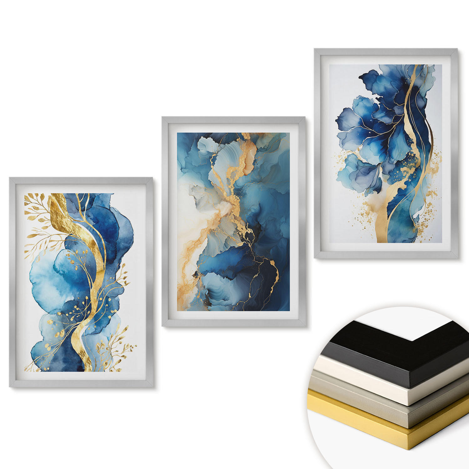 WANDBILDER 3er Set - 40x60 cm Silberner Rahmen - Blaue abstrakte Muster - Silberfarben, Kunststoff (40/60cm) - ArtPrintCave