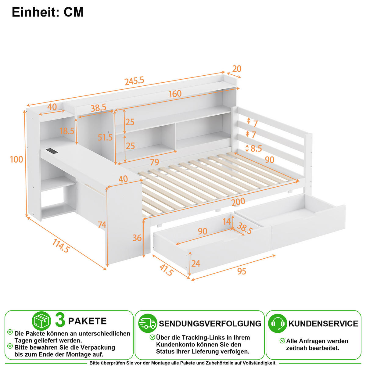 SCHLAFSOFA 90/200 cm in Weiß mit Schreibtisch, Regal, 2 Schubladen und USB - Weiß, Holz/Holzwerkstoff (90/200cm) - CHICFURN