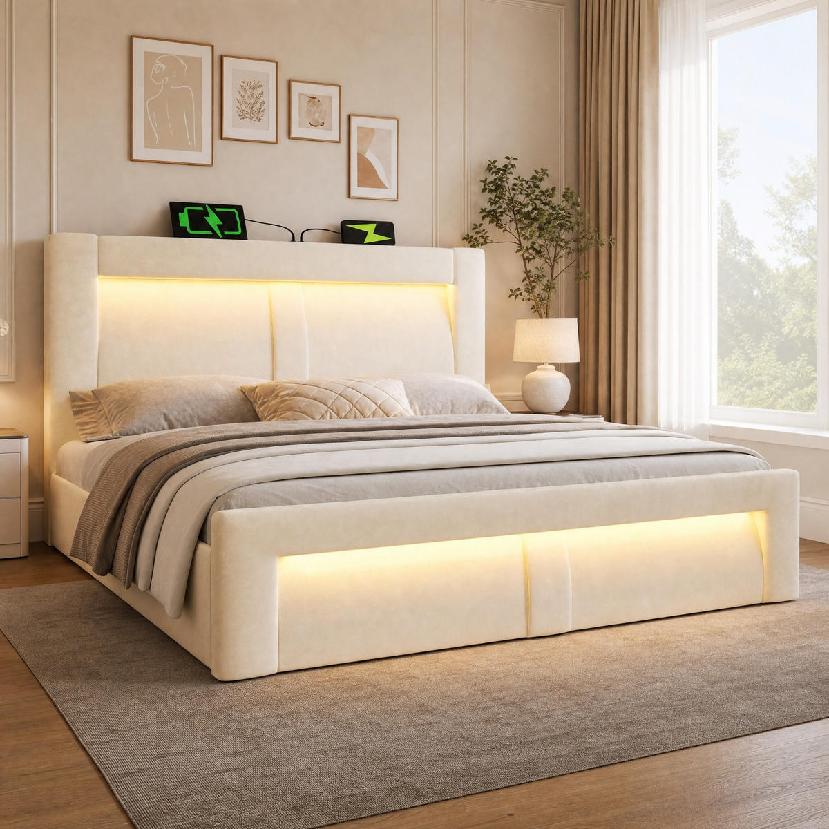 POLSTERBETT 140/200 mit Bettkasten, LED und USB in Beige - Beige, Holzwerkstoff/Textil (140/200cm) - EVRYAE