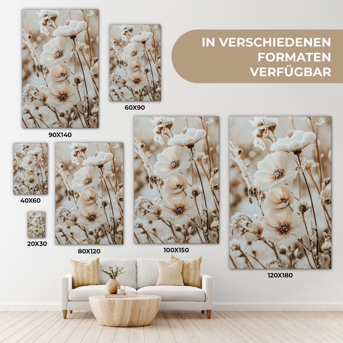 LEINWANDBILD Blumen - Winter - Weiß - Schnee - Beige 80x120 cm - Creme, Textil (80/120cm) - MuchoWow