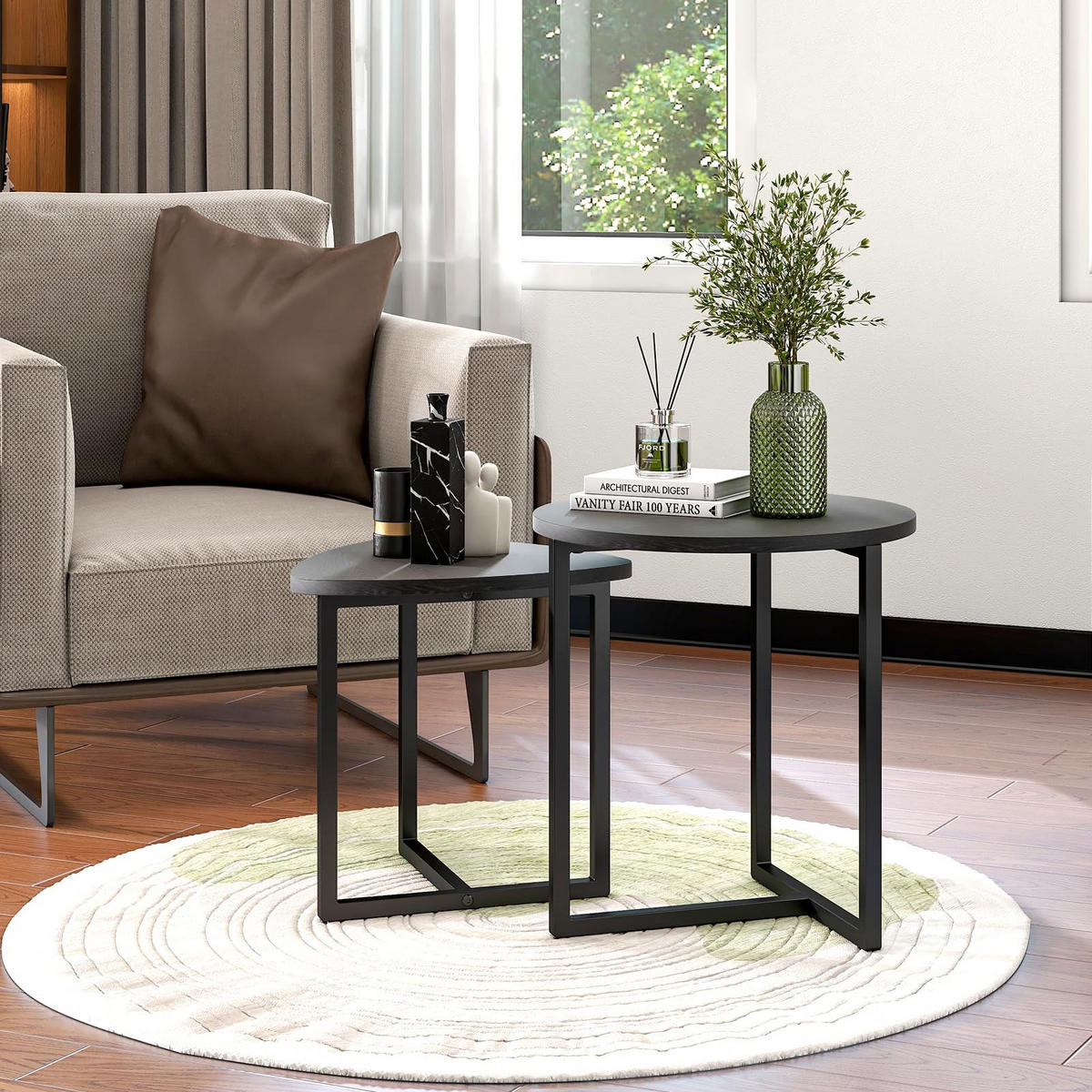 COUCHTISCH 2-tlg Rund 45x48cm Holz-Metallgestell Industrial-Design Sofatisch - Schwarz, Metall (50/48/9cm) - Raelunyi