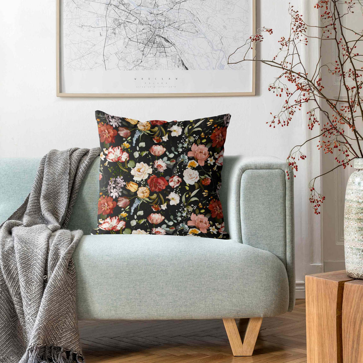 DEKOKISSEN Blumen Aquarell Vintage Muster auf Schwarz 40/40 cm - Schwarz, Textil (40/40/10cm) - Bilderwelten