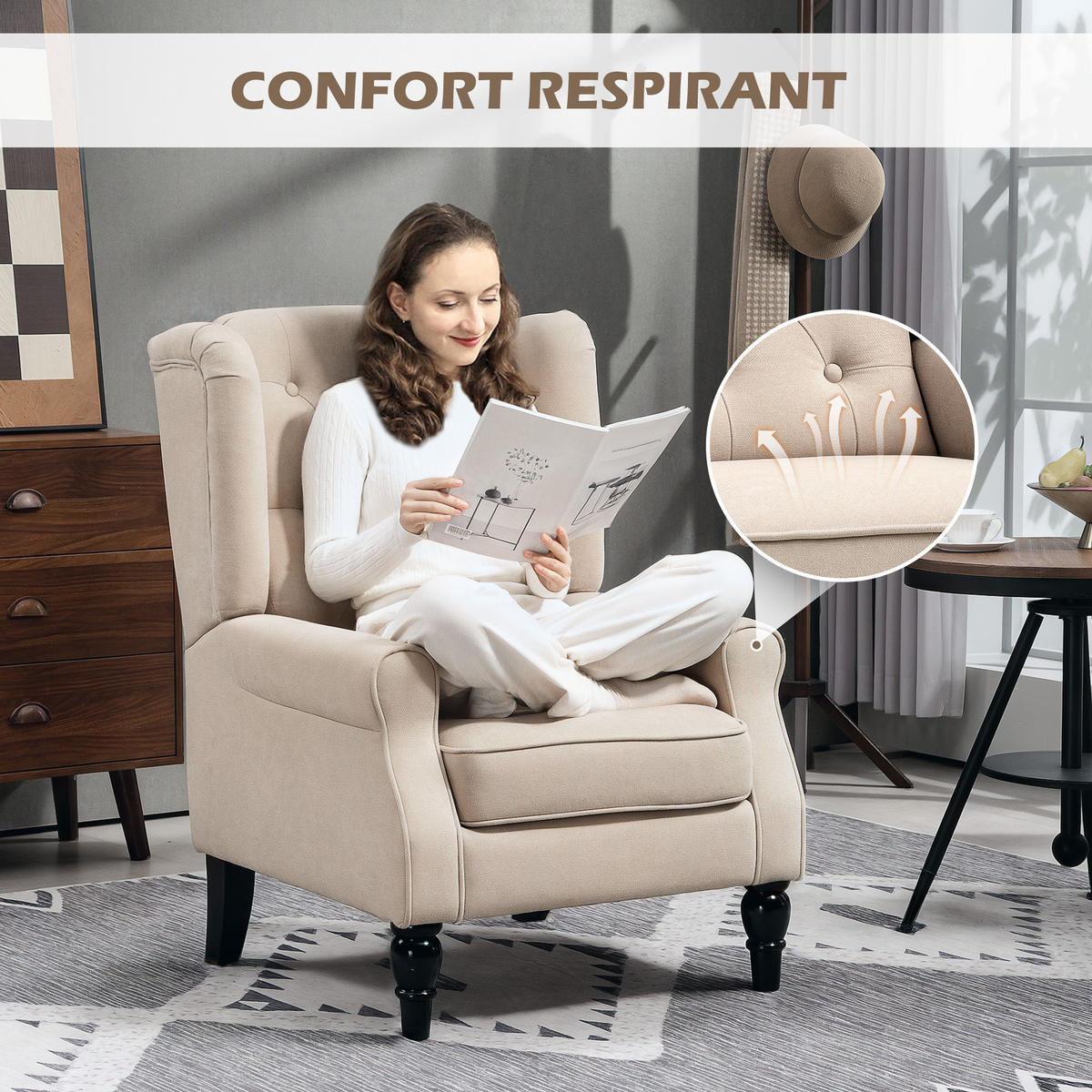 SESSEL DE-13450 klassisch mit Knopfheftung Beige - Beige, Textil (87/102/74cm) - ComfortXL