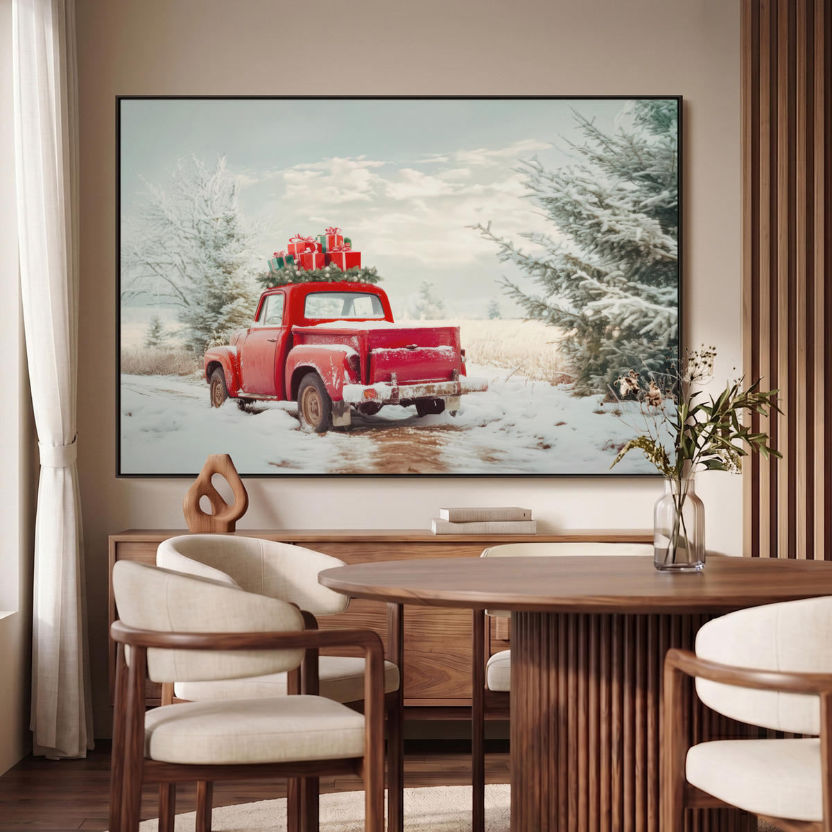 LEINWAND Bilder mit Rahmen - Auto - Rot - Geschenke - Winter - Schnee - Weihnachten - 120x80 - Rot, Textil (120/80cm) - MuchoWow