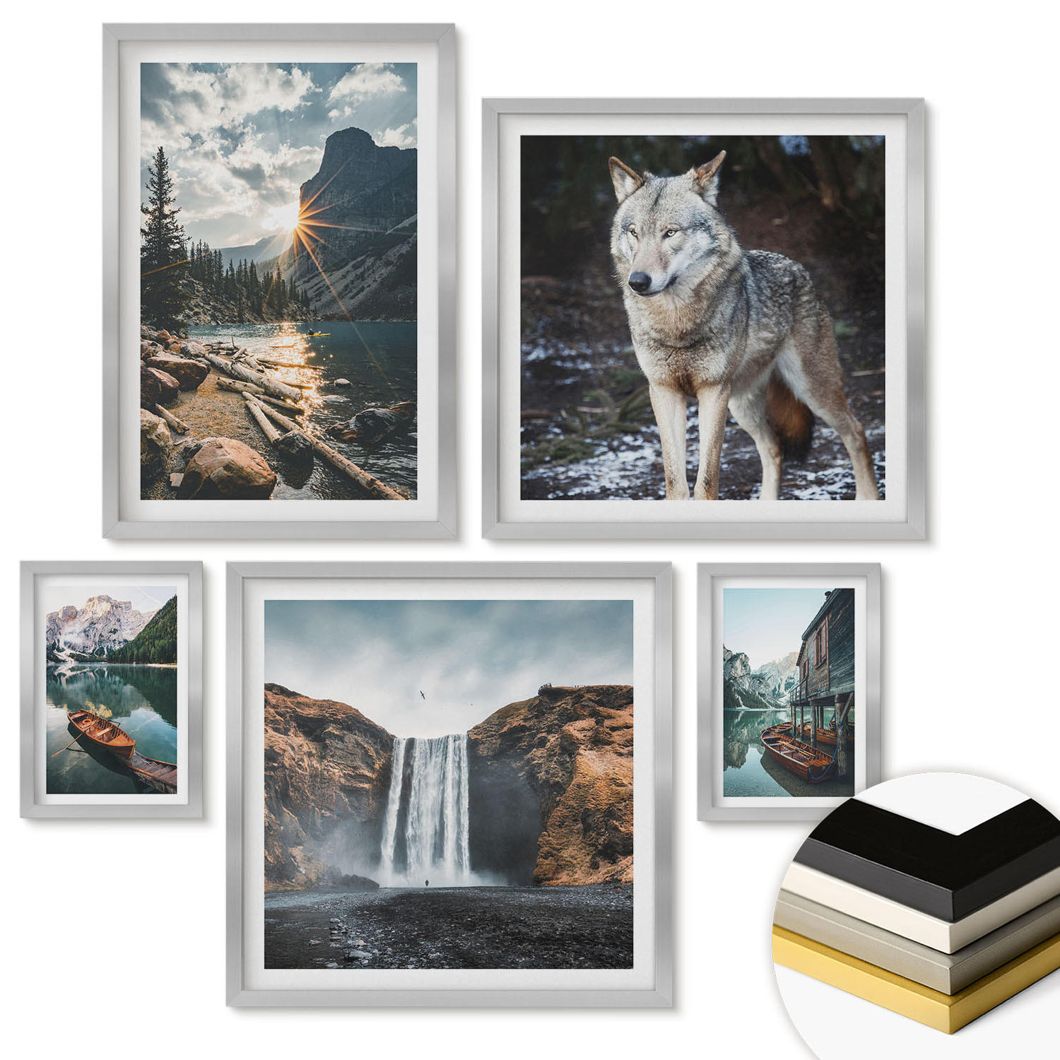 WANDBILDER 5er Set - 50x50 cm & 20x30 cm & 40x60 cm Silberner Rahmen - Berge, Seen, Wasserfall, Wolf - Silberfarben, Kunststoff (40/60cm) - ArtPrintCave
