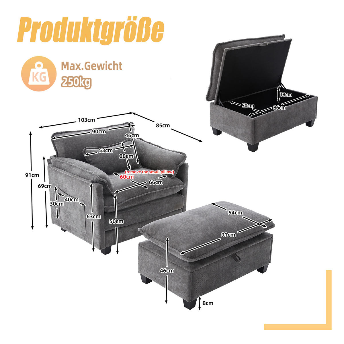 SOFASESSEL mit Hocker und Stauraum in Samt, 103 / 85 / 91 cm - Grau, Textil (85/91/103cm) - PARAFTA HOME
