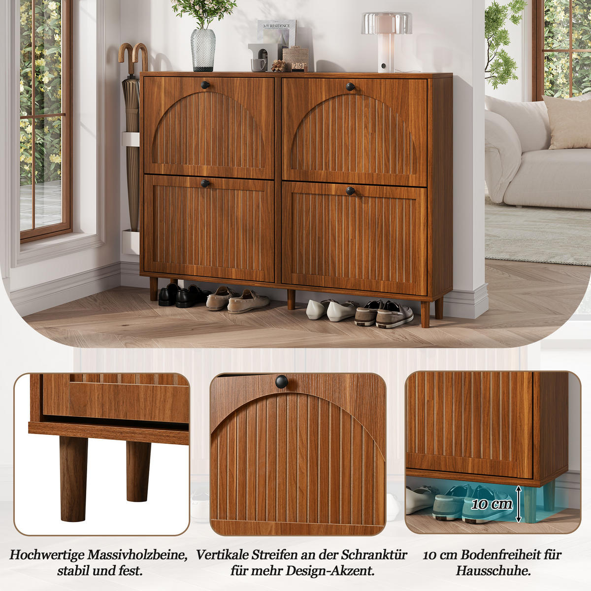 SCHUHSCHRANK in Walnussfarben mit 4 Kipptüren mit 8 Fächern für Flur, B120/T24/H90 cm - Walnussfarben, Holzwerkstoff (120/90/24cm) - STILVORA