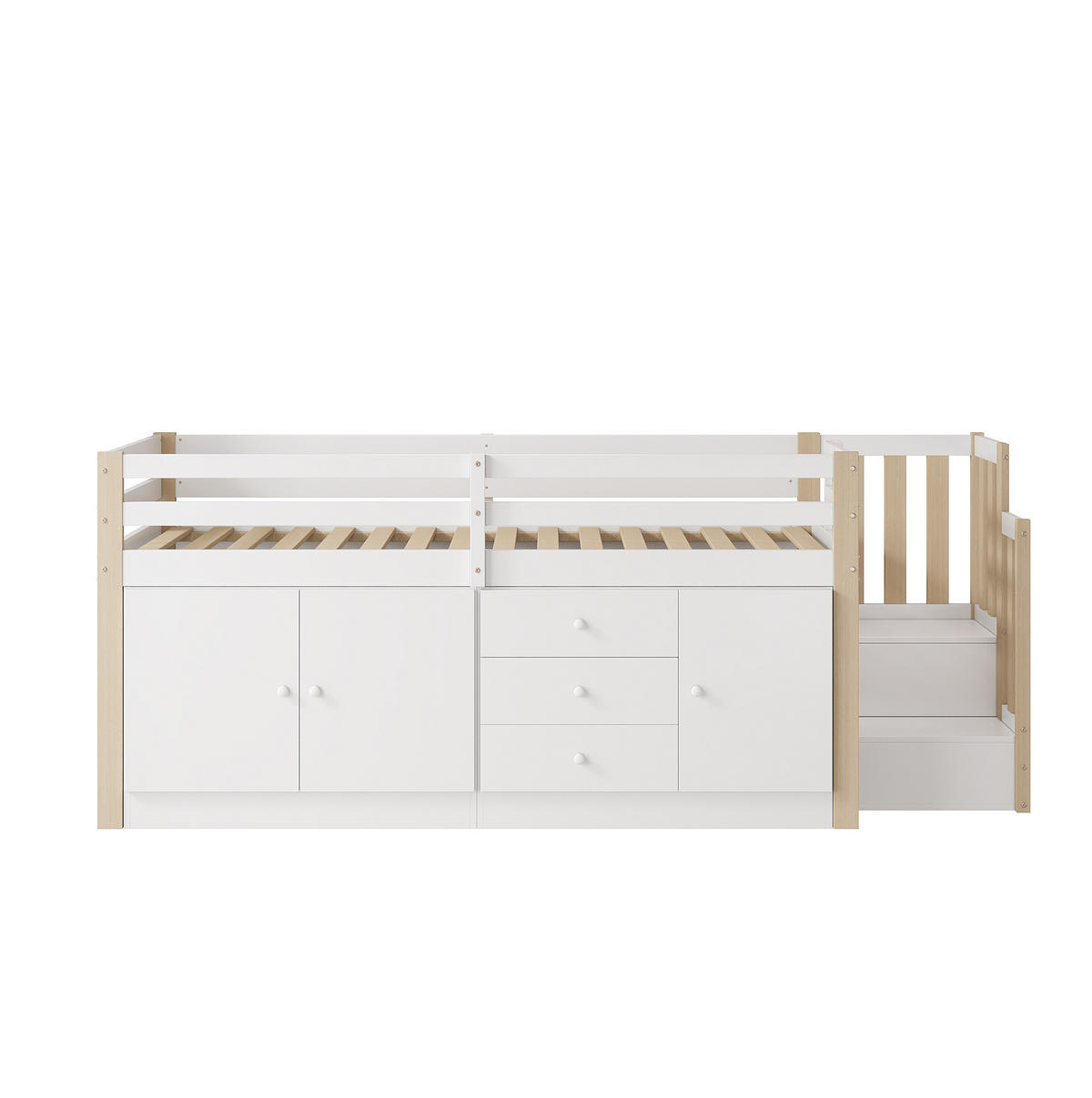 KINDEREINZELBETTEN aus MDF 90x200 cm in Weiß mit Treppe, Schubladen & 2 Schränken - Weiß, Holzwerkstoff (90/200cm) - Modfu