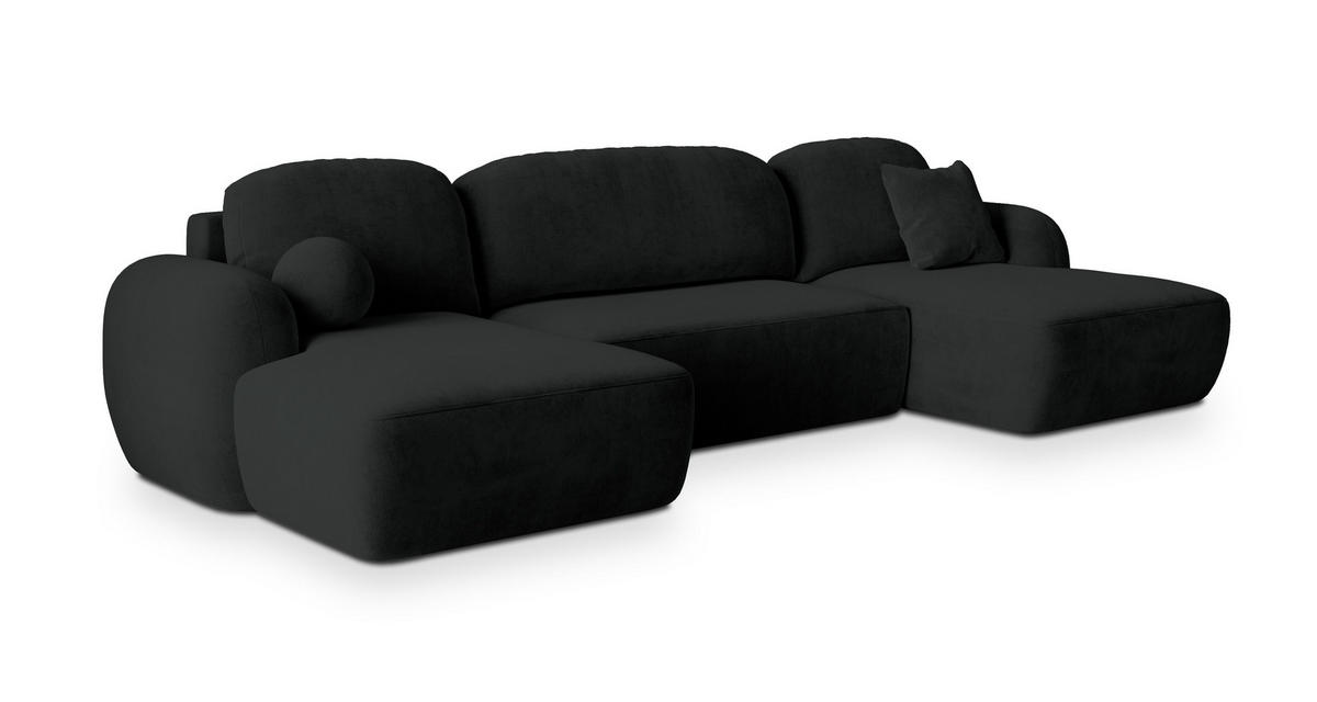 WOHNLANDSCHAFT SAVONA K Schwarz Plüsch-Stoff mit Schlaffunktion - Schwarz, Holz (320/90/148cm) - MASSENO