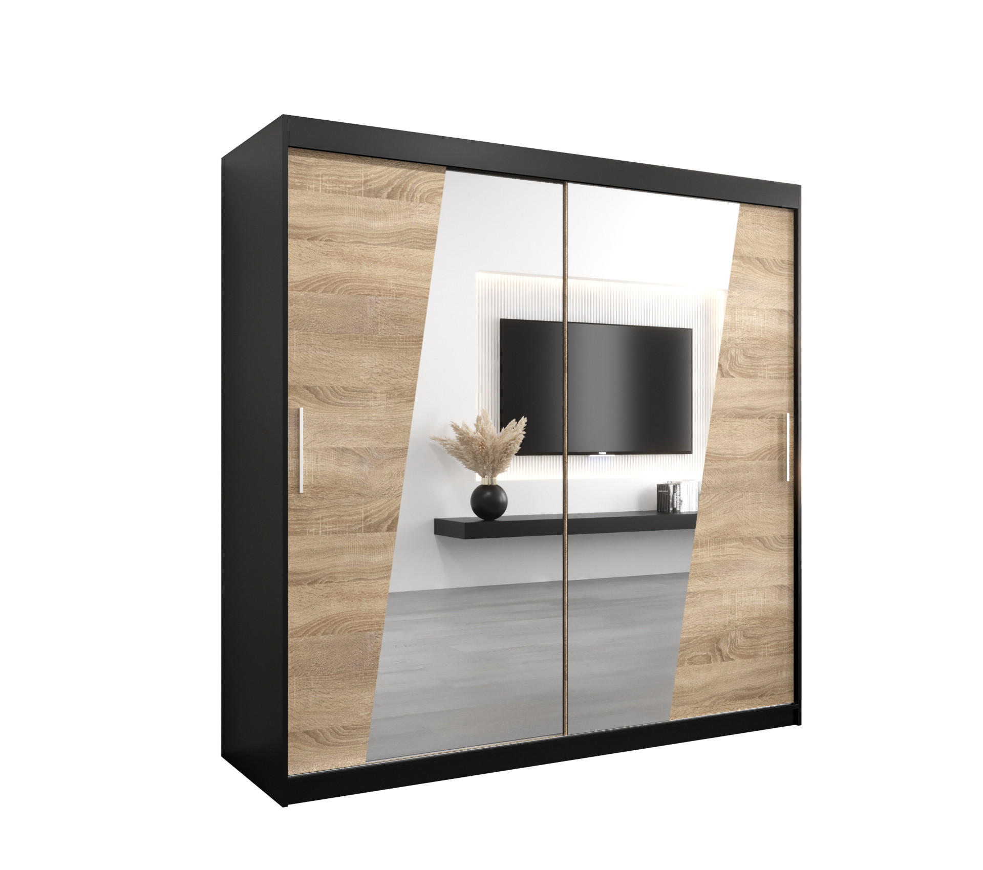 Abiks Möbel Schwebetürenschrank Schwarz, Sonoma Eiche 200x200x62 cm
