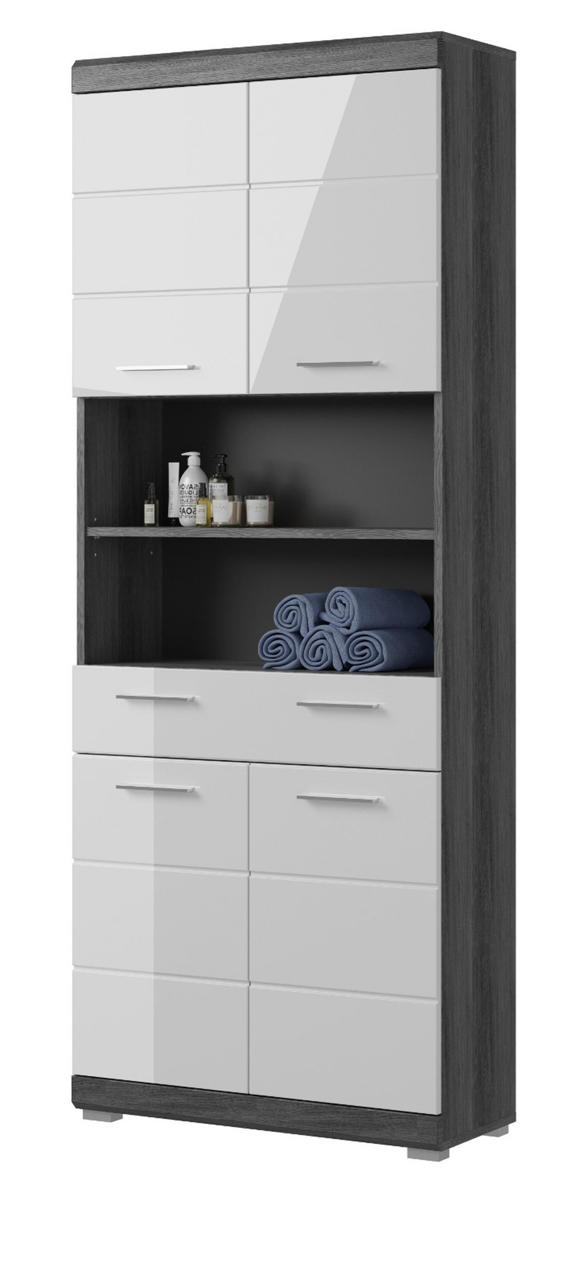 HOCHSCHRANK weiß Hochglanz, grau 4-türig 74 x 191 cm - Chromfarben/Weiß Hochglanz, Holzwerkstoff/Kunststoff (74/191/31cm) - Inn.Furn