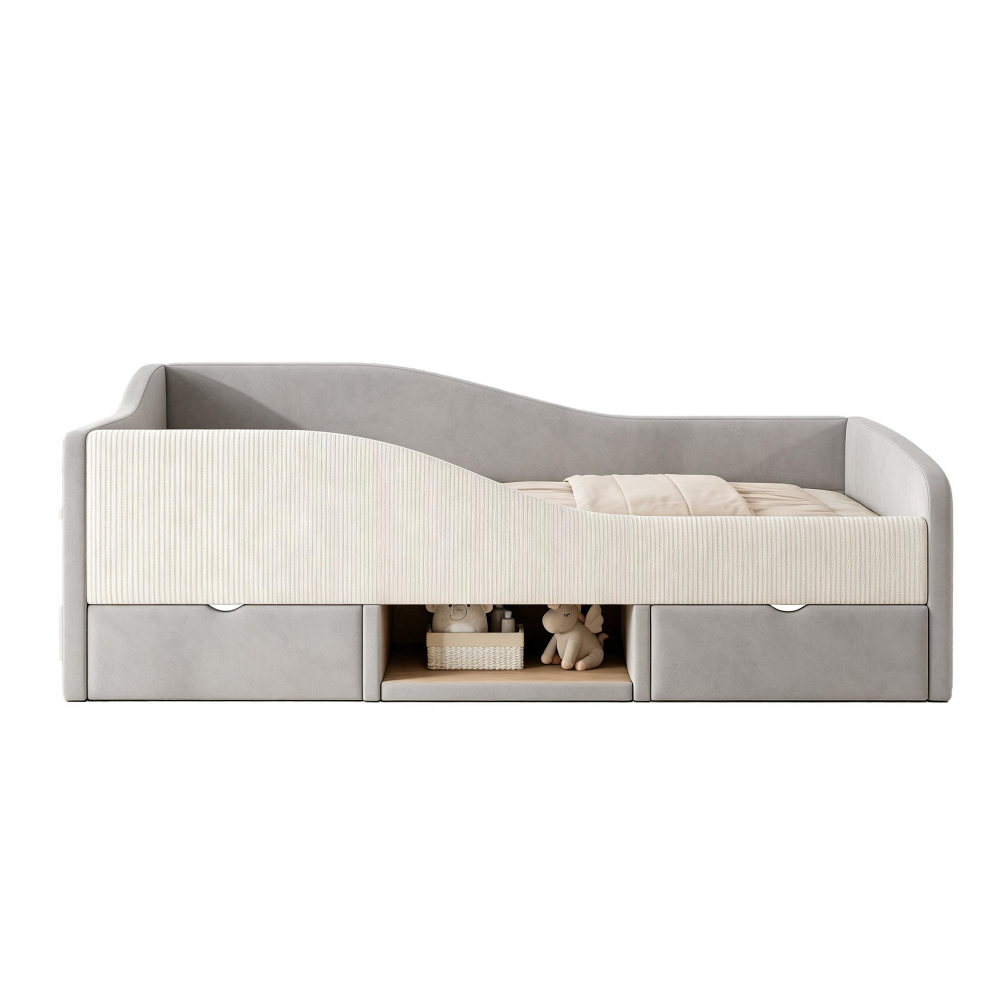BETT 90/190 cm in Grau aus Samt mit Schutzgitter und 2 Schubladen - Grau, Textil (90/190cm) - Flora Grace