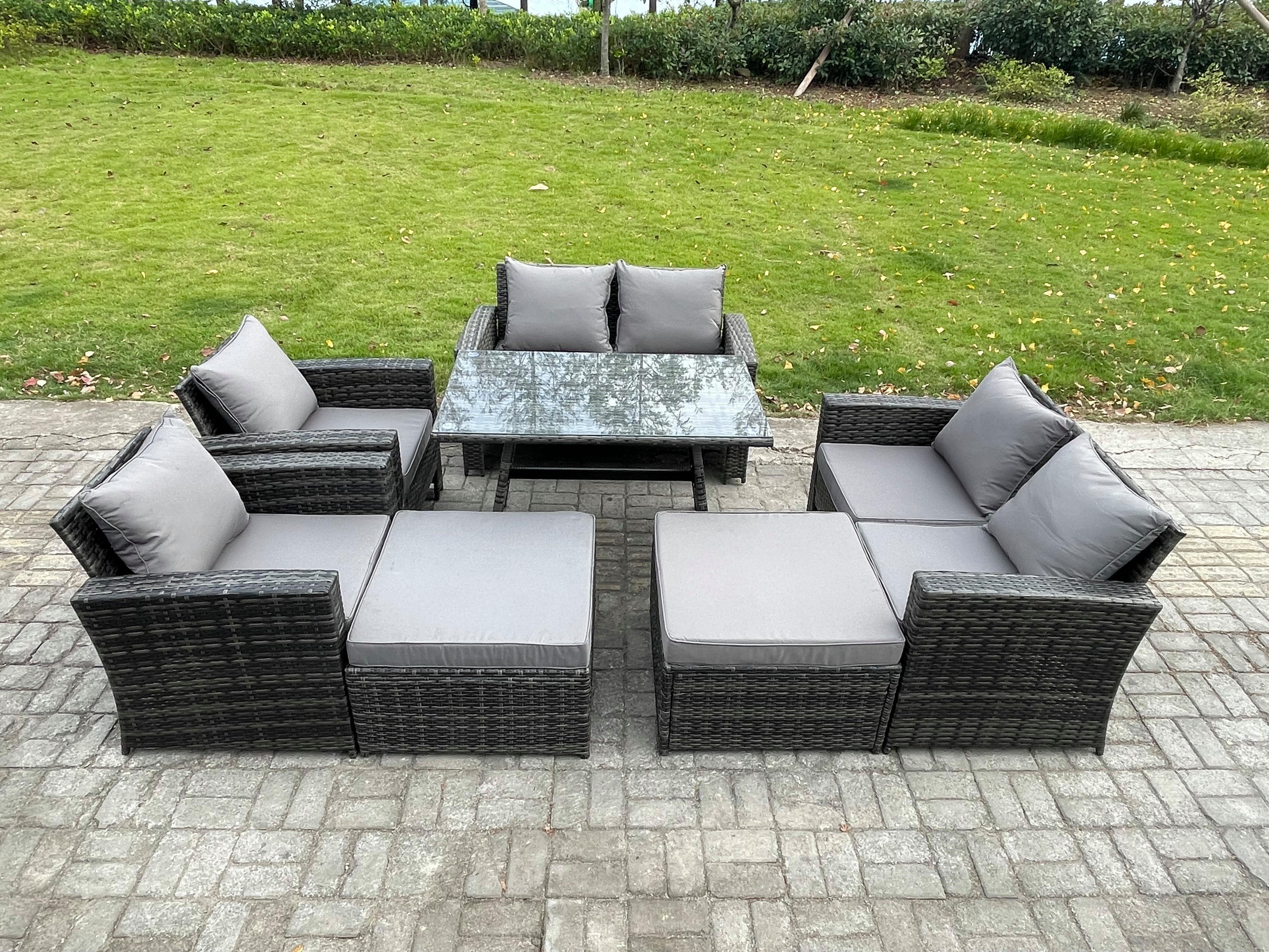 GARTENMÖBELSET mit ESSTISCH,HOCHLEHNER-SOFA Polyrattan Dunkelgrauer Mix 8-Sitzer - Dunkelgrau/Grau, Glas/Kunststoff - Fimous