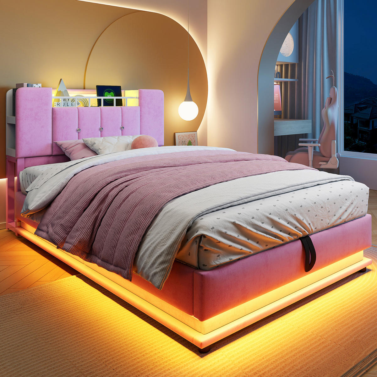 POLSTERBETT 90/200 cm Rosa mit LED-Beleuchtung, USB-Anschluss und Stauraum - Rosa, Textil (90/200cm) - Flora Grace