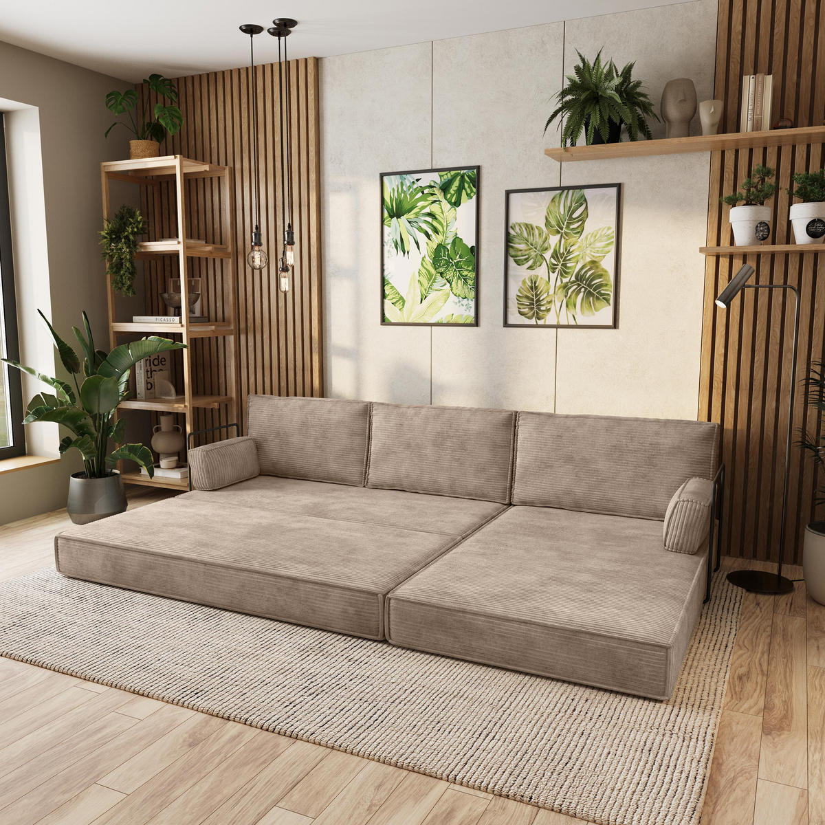 ECKSOFA ANKO modulares Boneless Sofa mit Schlaffunktion Beige Kordstoff - Beige, Textil (270/160cm) - MASSENO