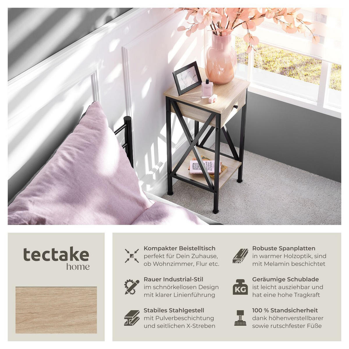 BEISTELLTISCH Dayton,35 x 35 x 70,5 cm,Industrial Holz hell, Eiche Sonoma - Naturfarben, Holzwerkstoff (35/35/70.5cm) - tectake