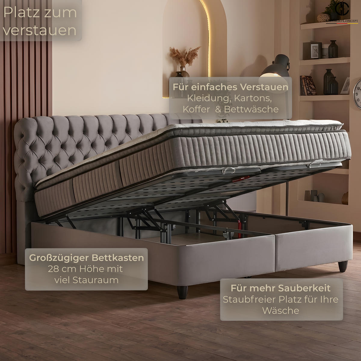 BOXSPRINGBETT MIT BETTKASTEN SIENA 140/200 cm, Grau, Bettkasten, Matratze, Topper integriert, H3 mittel, 7-Zonen Matratze - Schwarz/Grau, Holz/Kunststoff (140/200cm) - Consilio Concept