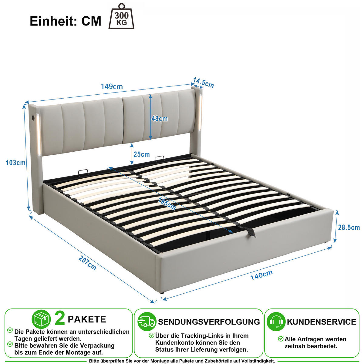POLSTERBETT 140/200 cm in Grau mit Stauraum, LED, USB und verstellbarem Kopfteil - Grau, Holzwerkstoff/Textil (140/200cm) - CHICFURN