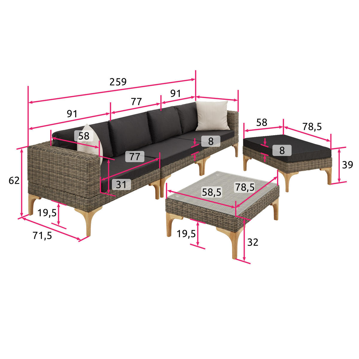RATTANLOUNGE Konstanza, mit Sicherheitsglasplatte, natur - Naturfarben, Kunststoff/Metall - tectake