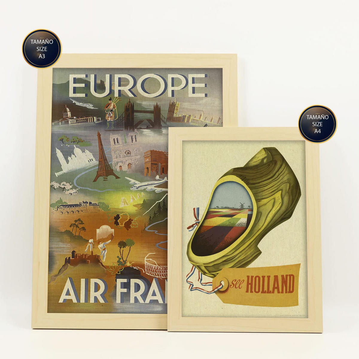 POSTER Set Mit 6 Europäische Länder Größe A3 & A4 Rahmen aus hellem Holz - Beige, Papier (29.7/1cm) - Nacnic