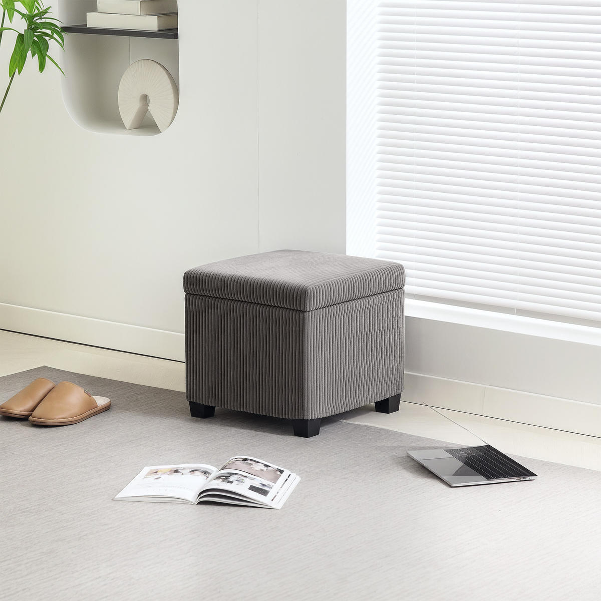 POUF DE-16411 mit Stauraum und Rippenvelours Grau - Grau, Textil (40/40/40cm) - ComfortXL