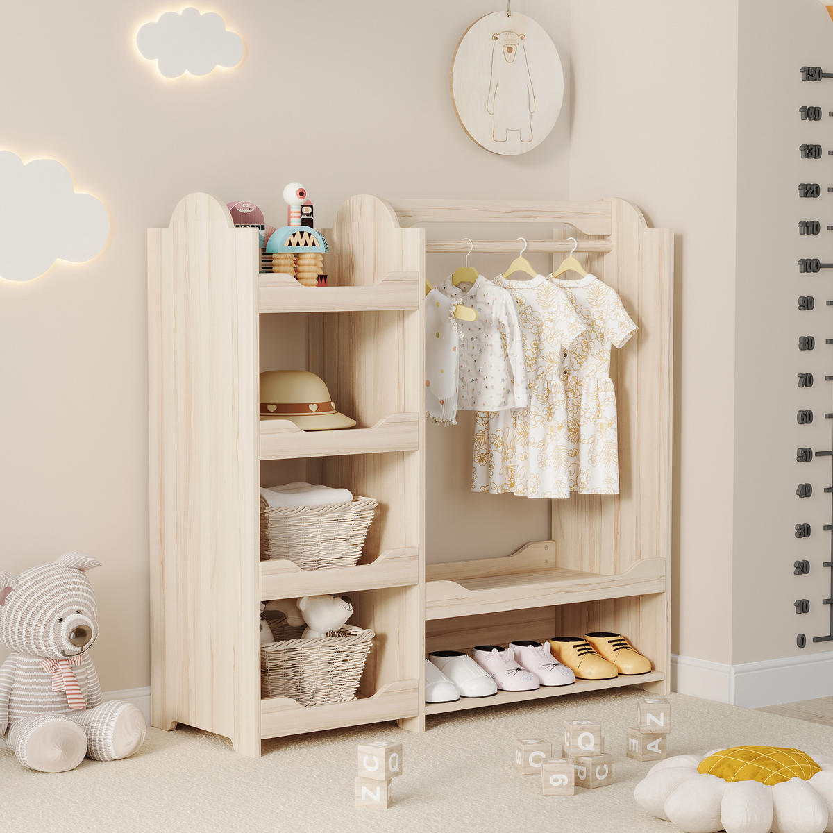 KINDER-GARDEROBE 110x39x110cm Naturholz mit Kleiderstange & 4 Regalen - Naturfarben, Holz (39/110/110cm) - FLIEKS