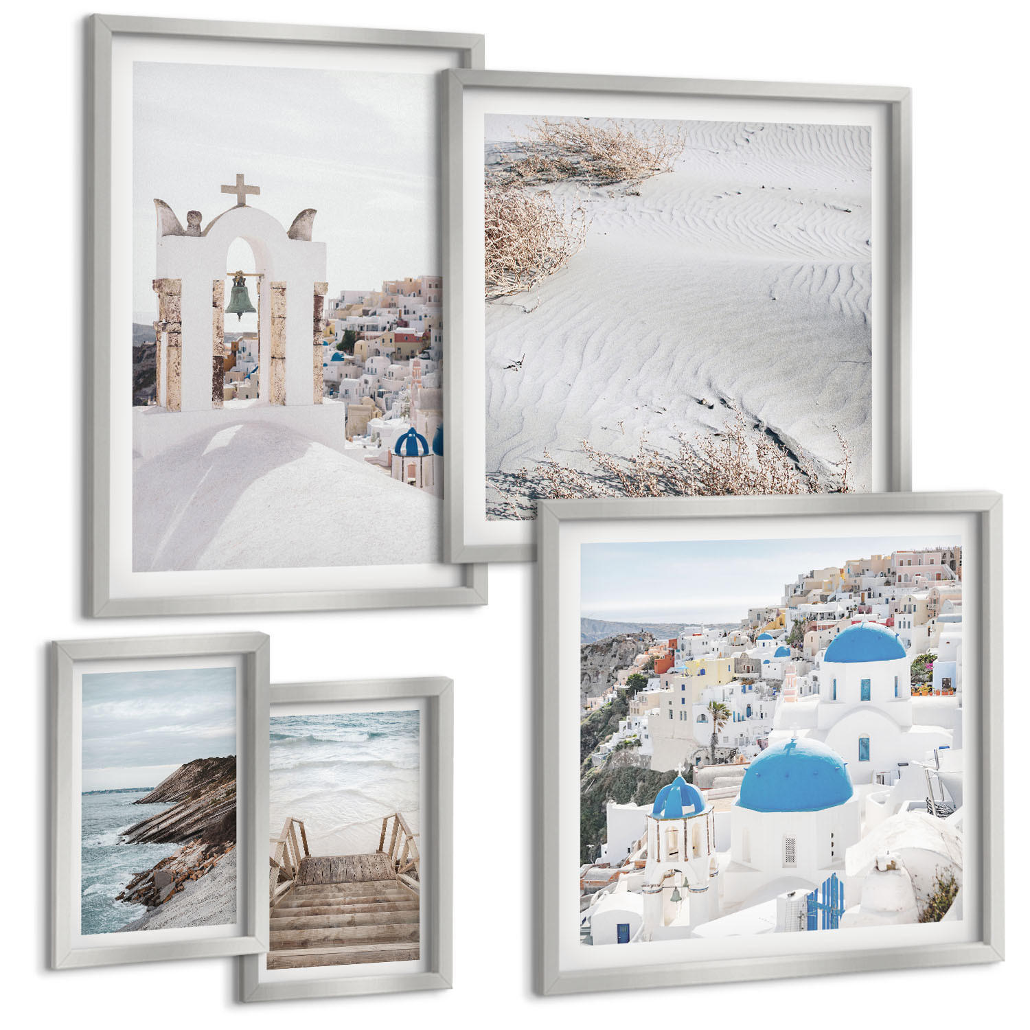 BILDER SET 5er Set - 50x50 cm & 20x30 cm & 40x60 cm Silberner Rahmen - Meeresarchitektur Santorin - Silberfarben, Kunststoff (40/60cm) - TULUP
