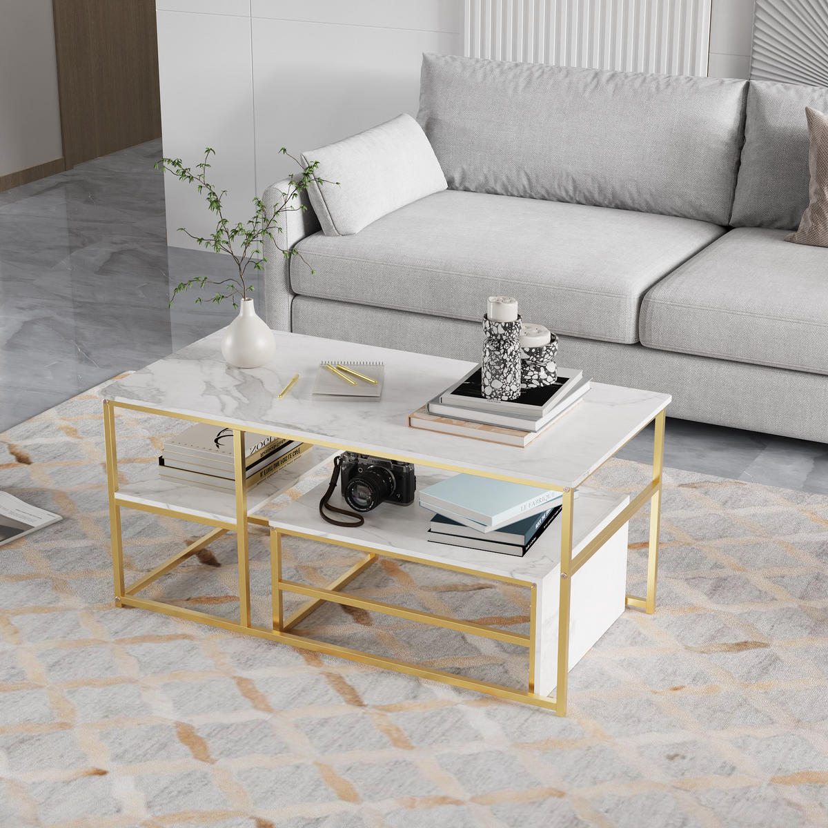 COUCHTISCH rechteckig, Wohnzimmertisch mit Metallrahmen, Schwarz - Goldfarben, Metall (105/52/48cm) - PARAFTA HOME