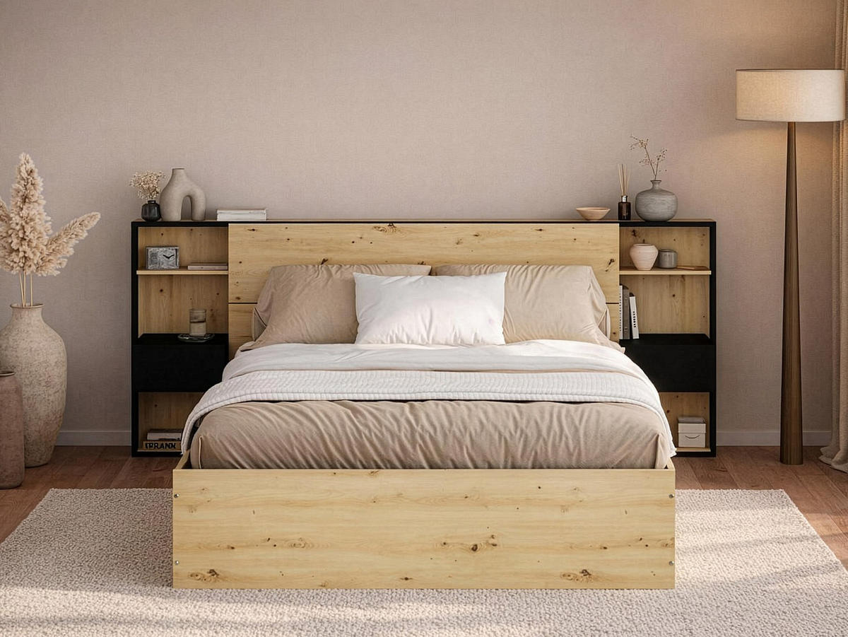 BETT mit Bettkasten - 2 Personen - Holz, Platte - Schwarz, Naturfarben Hell - Schwarz/Naturfarben, Holz (160/200cm) - Vente-Unique