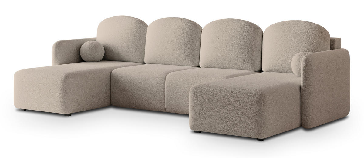 WOHNLANDSCHAFT NUBERO Beige Boucle-Stoff mit Schlaffunktion - Beige, Holz (285/85/143cm) - MASSENO